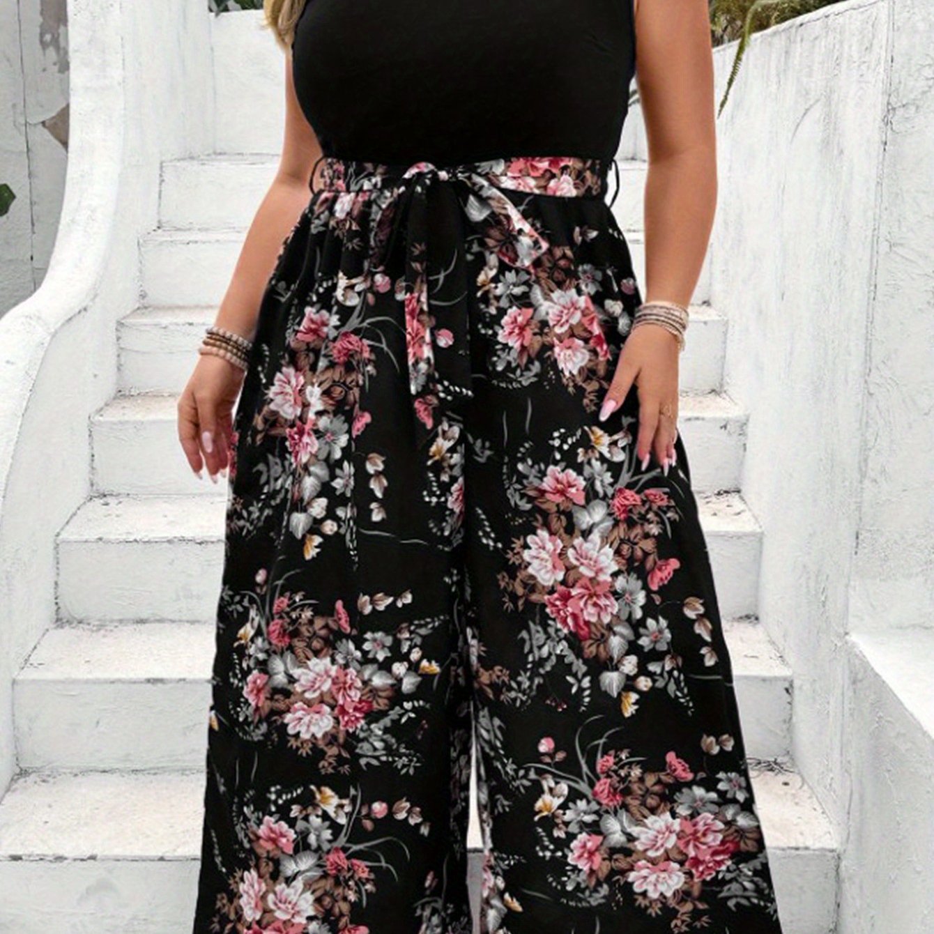 Women's Plus Size Floral Print Sleeveless Jumpsuit with Belt Black Pink White