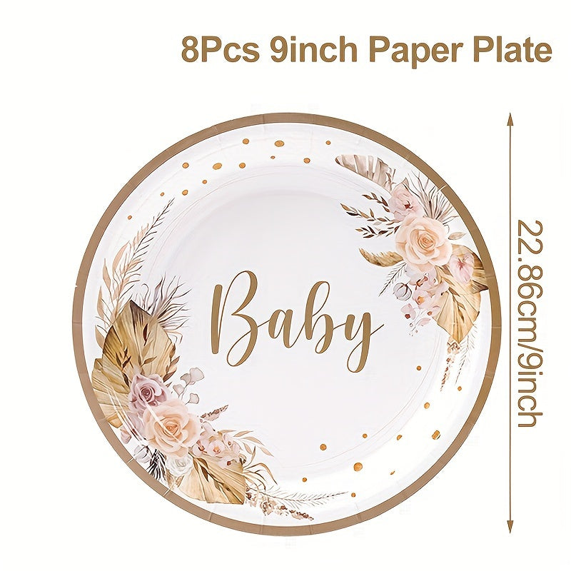 Boho Baby Shower Tableware Kit for 8 Floral Paper Plates Napkins Cups