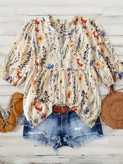 Women Plus Size Boho V-Neck Blouse Short Sleeve Floral Print