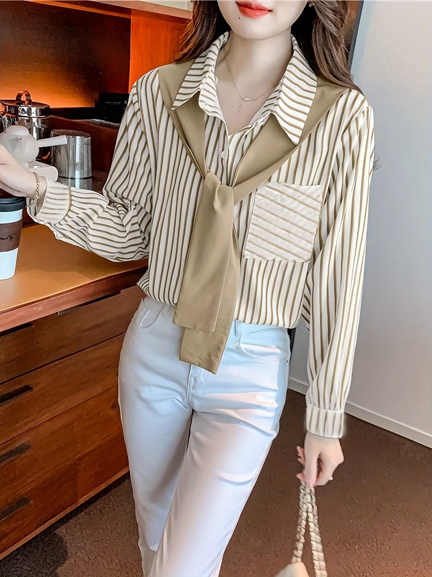 Elegant Striped Polyester Shirt for Adults with Square Neck Long Sleeves Spring Fall