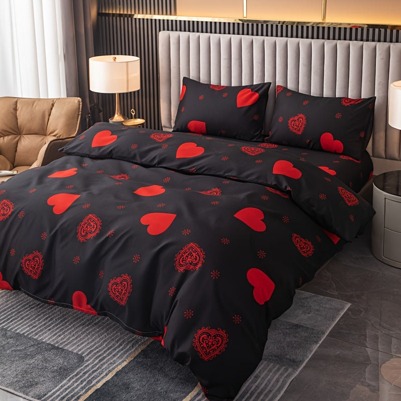 3-Piece Festive Bedding Set Heart Pattern Duvet Cover and Pillow Cases Polyester Fleece