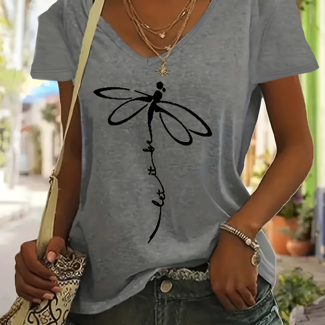 Plus Size Women's V-Neck T-Shirt Geometric Dragonfly Print Mint Green Black