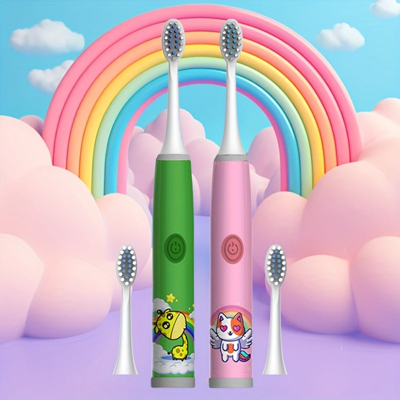 Электрическая зубная щетка для детей с 4 насадками, мягкая щетина, работает на батарейках
