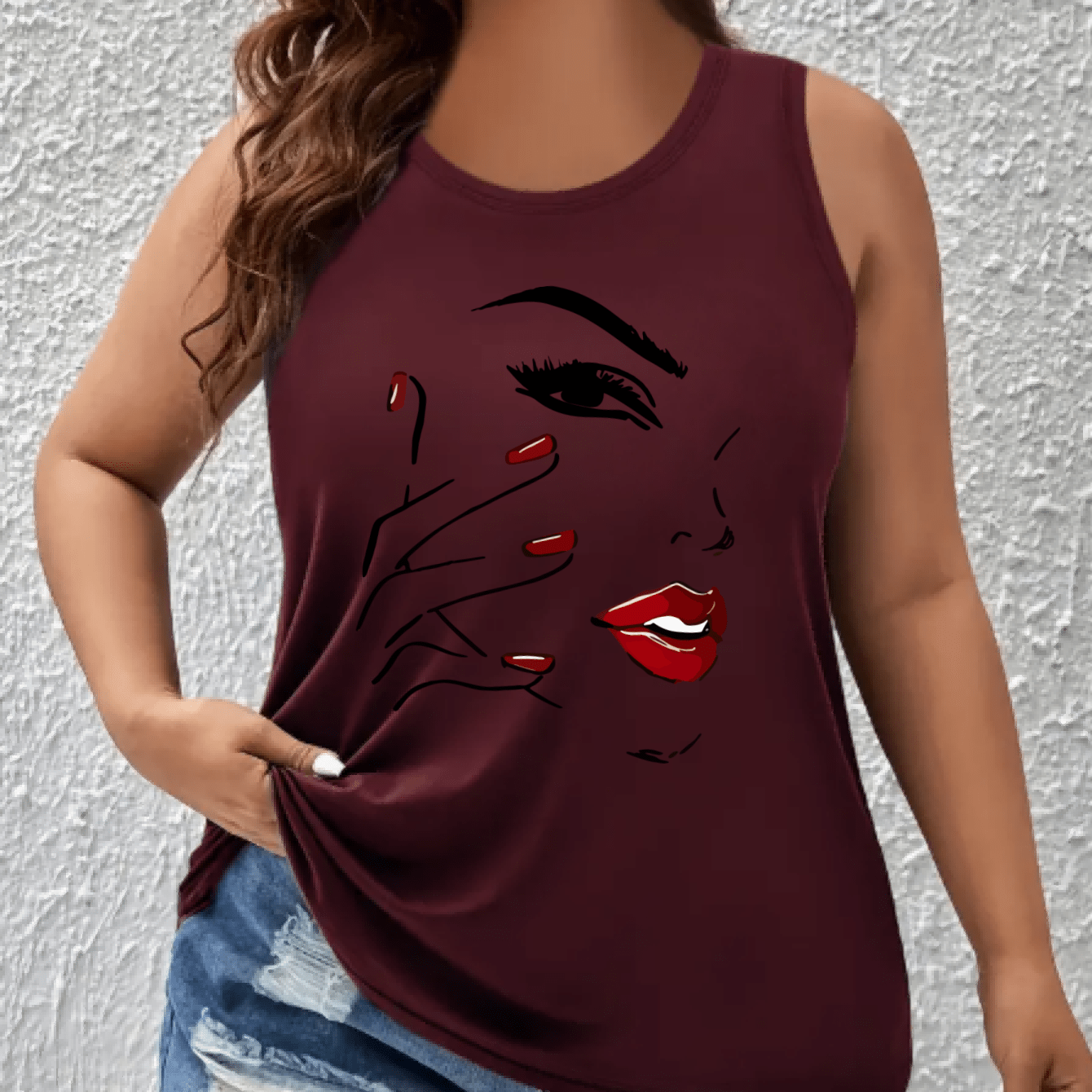 Women's Off-Shoulder Vest Top with Red Lips Print Breathable Stretchy Fabric