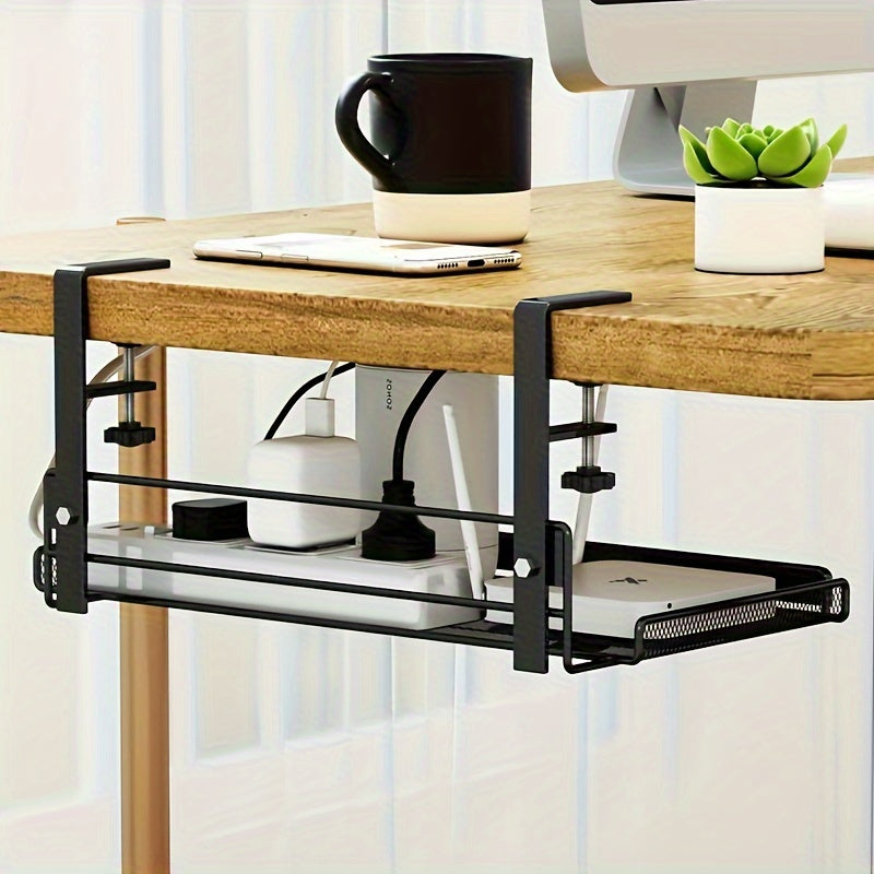 Black Under-Desk Cable Management Tray Iron Wire No-Drill Hanging Mount Office Desk Organizer