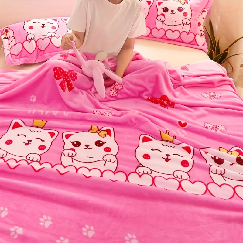 Cozy Flannel Blanket with Cartoon Print for Couch Bed Travel and Camping