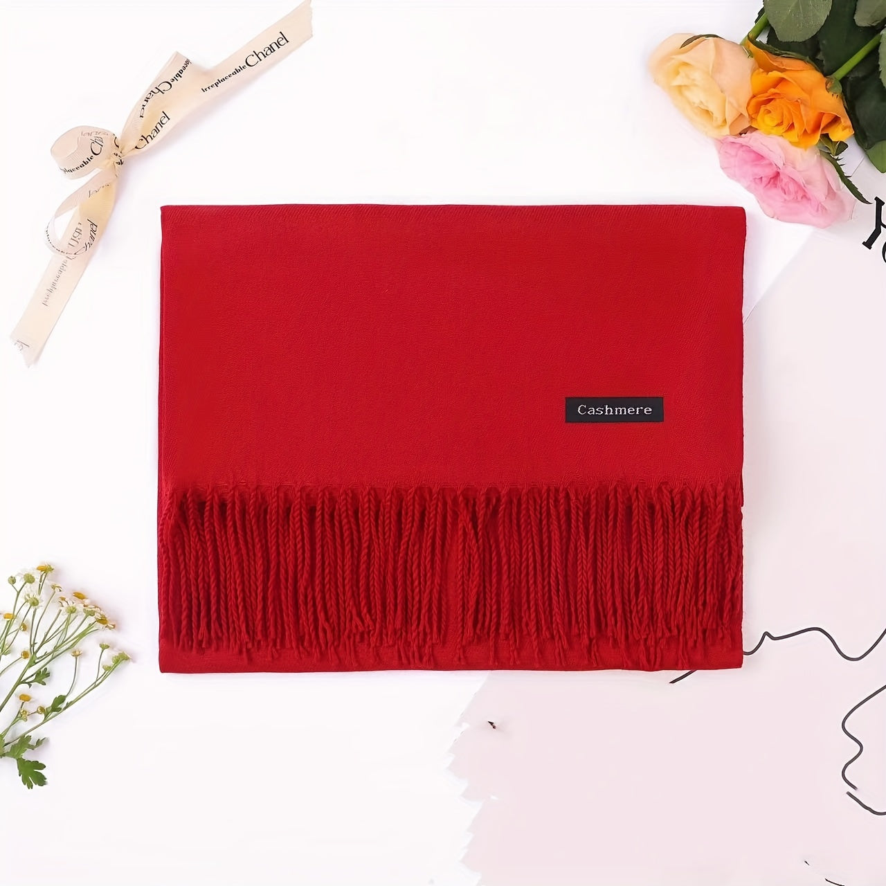 Women's Soft Wool Scarf with Tassels Cozy Warm for Fall and Winter