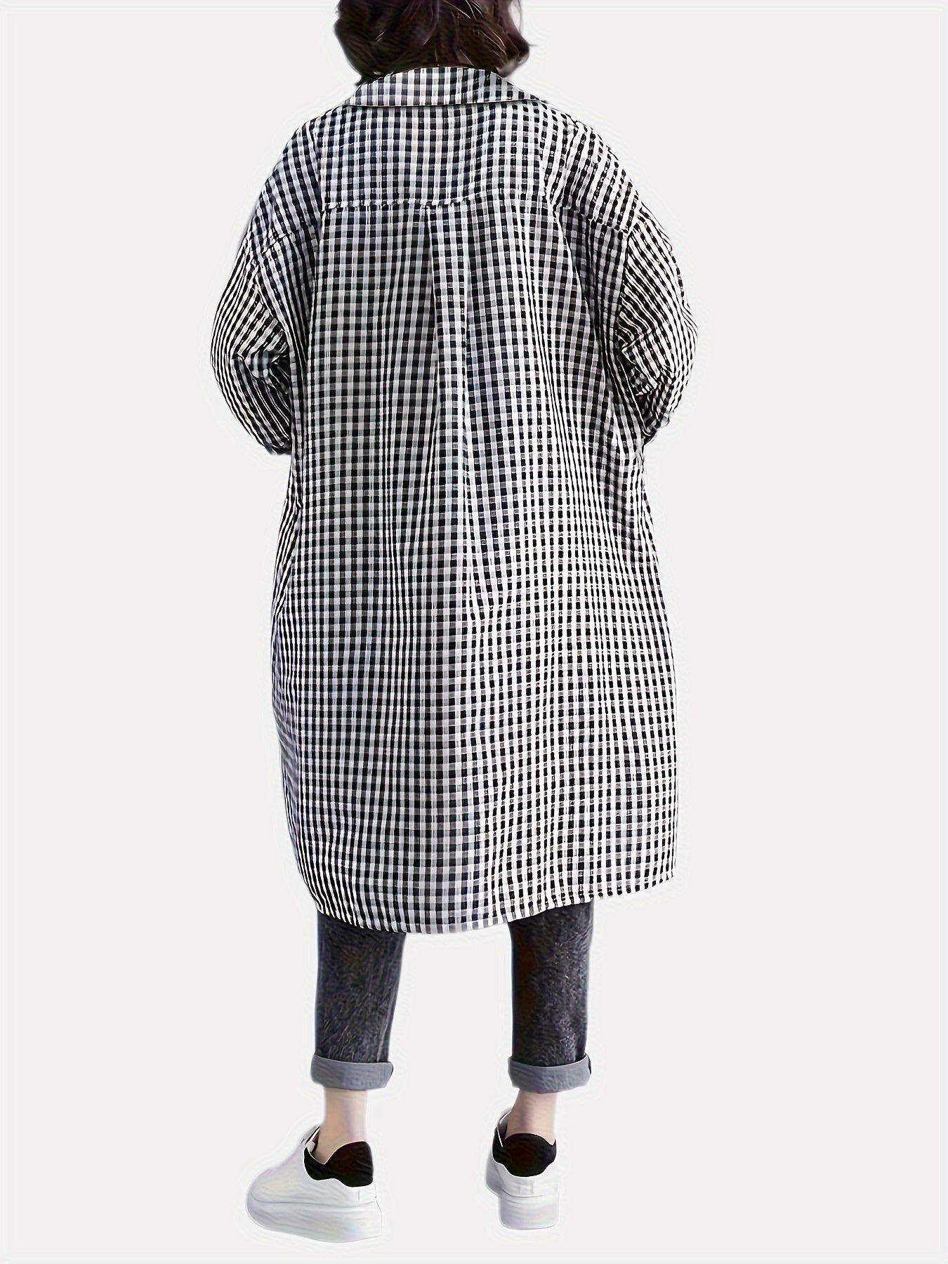 Женская рубашка большого размера с длинными рукавами, в клетку, с карманами и лацканом