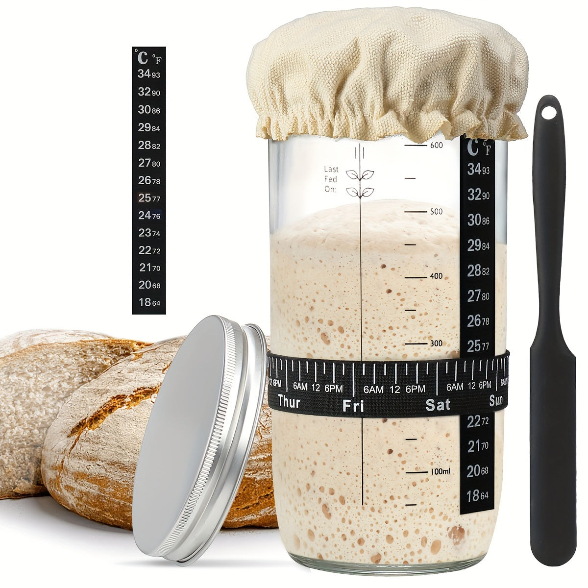 24oz Glass Fermentation Jar Set with Scale Lid Spatula for Bread Dough and Fermentation