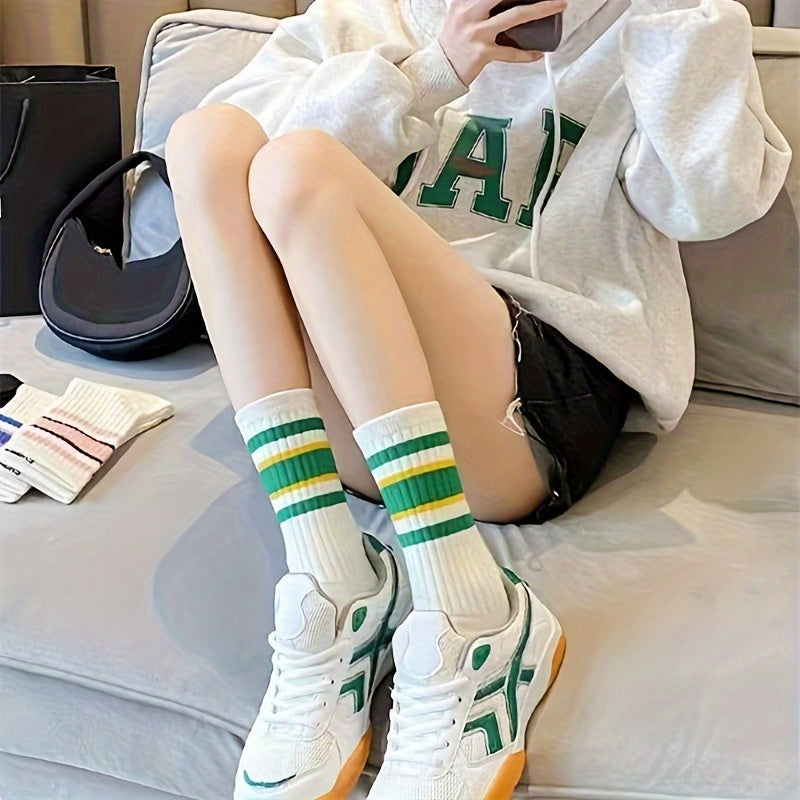 Women's Breathable Striped Mid Tube Socks 5 Pairs Knee-High Knit Polyester