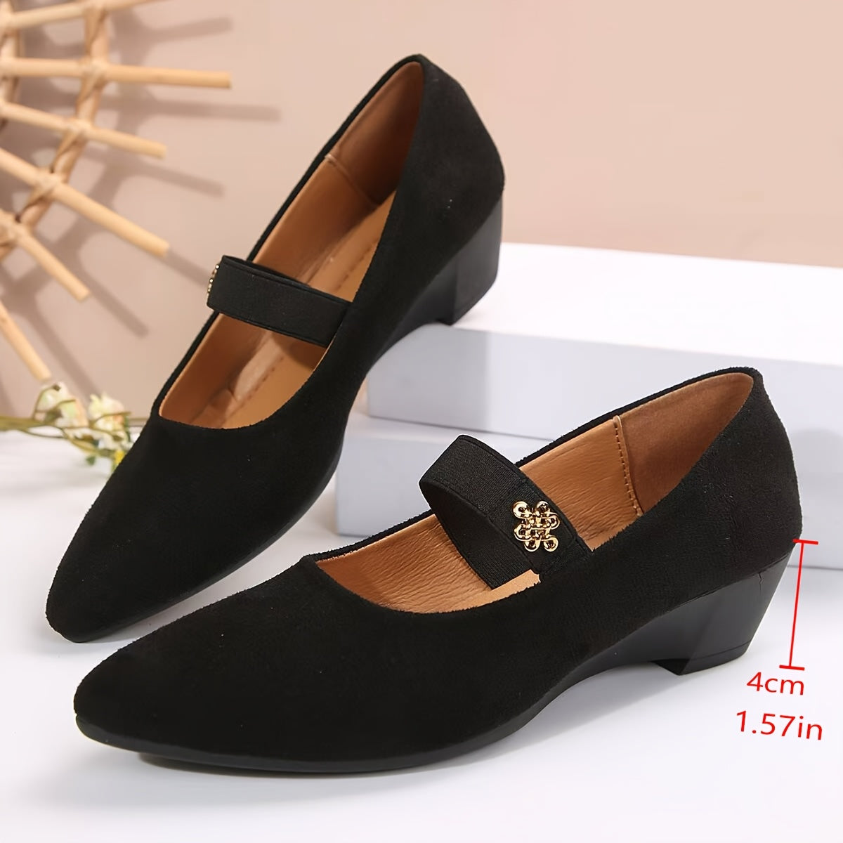Women's Black Mary-Jane Flats Breathable Fabric Pointed Toe Mid Heel