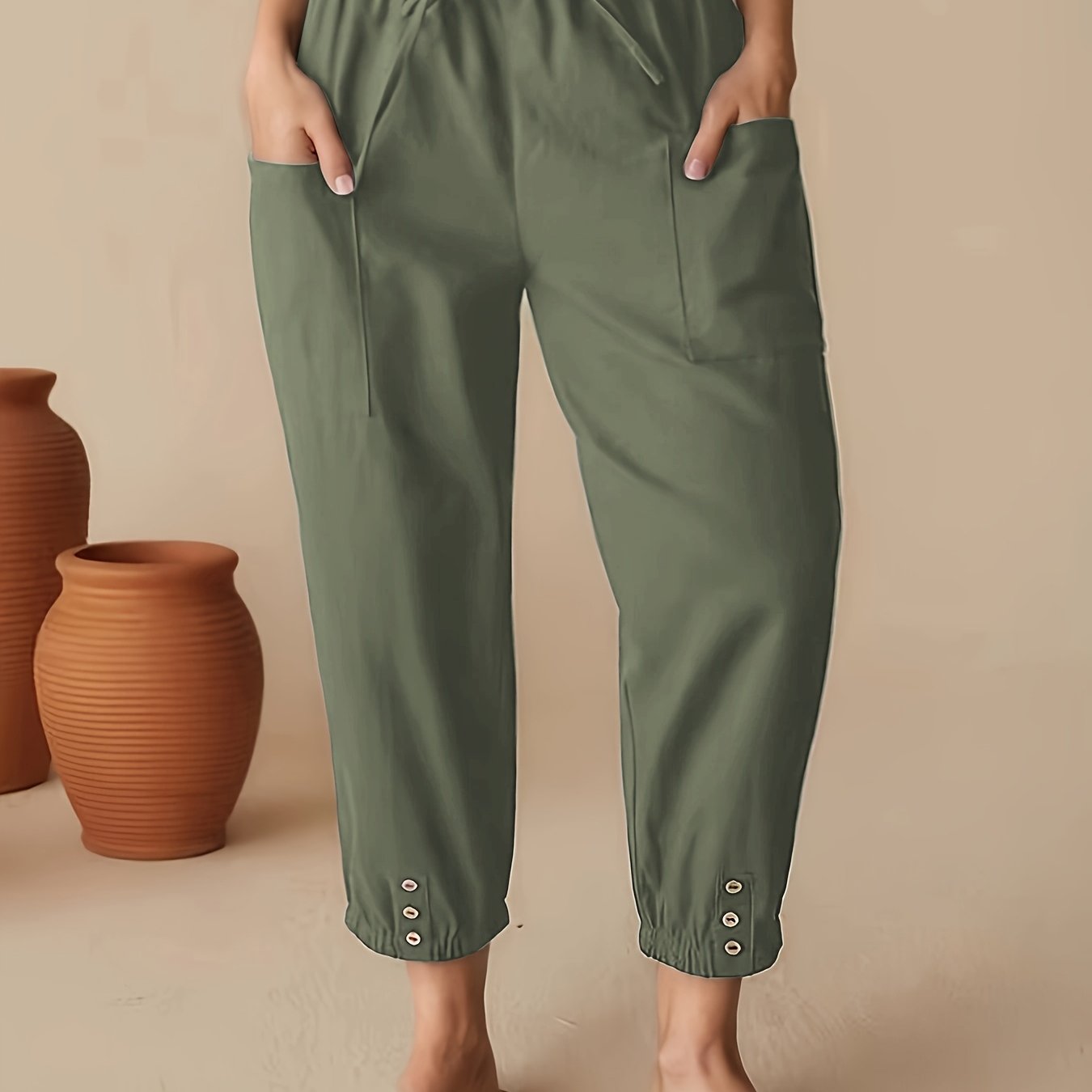 Pantalones casual de cintura alta y corte cropped para mujer con bolsillos azul marino
