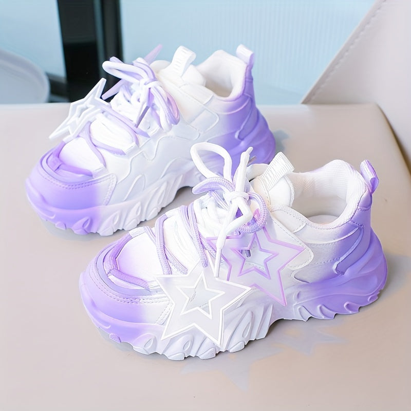 Girls Chunky Sneakers Pink White Gradient Star Pattern Casual Sports Outdoor Shoes