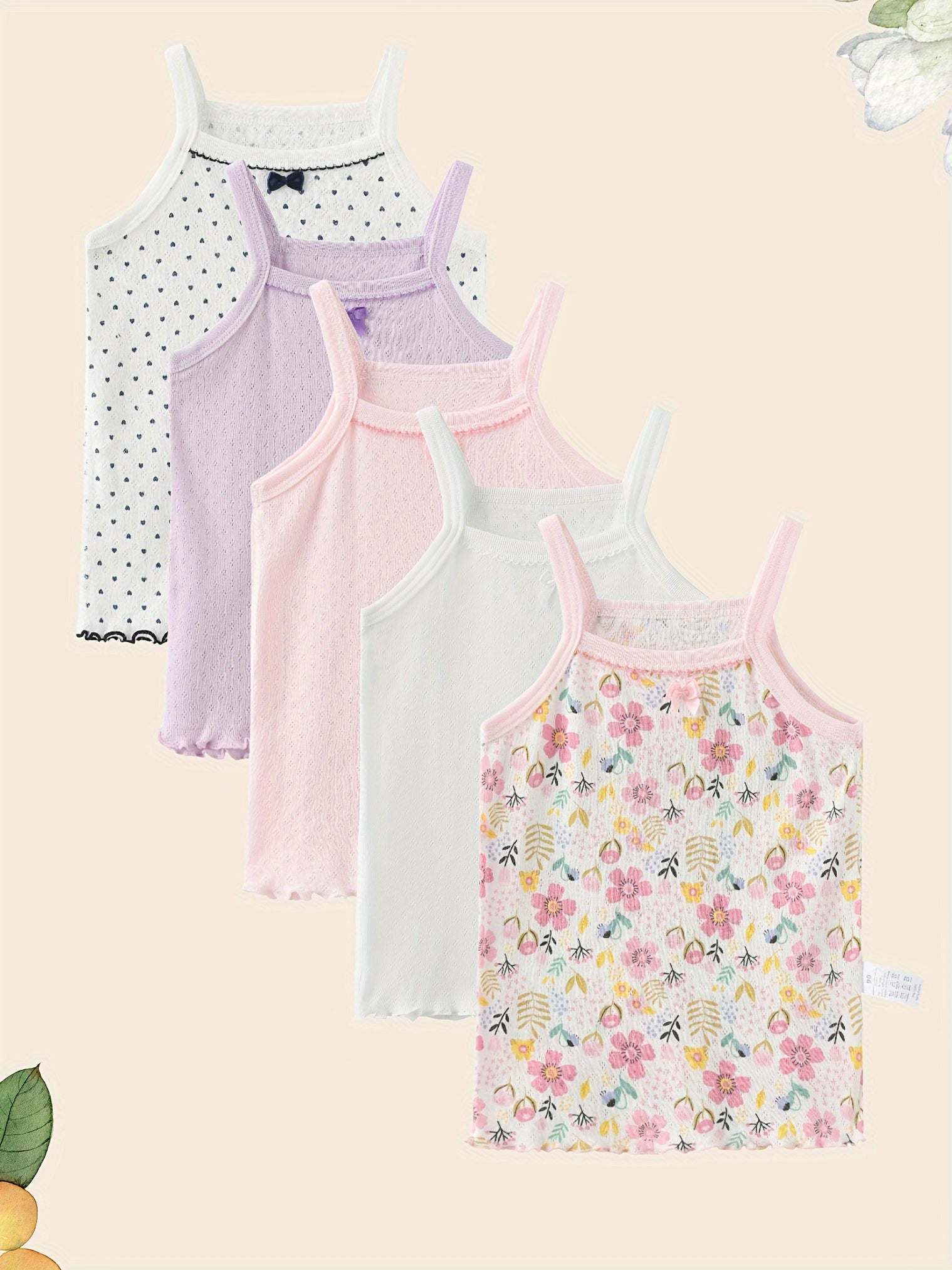 Girls' Floral Print Tank Tops Set with Bow Details Off-Shoulder Semi-Sheer Knit Fabric