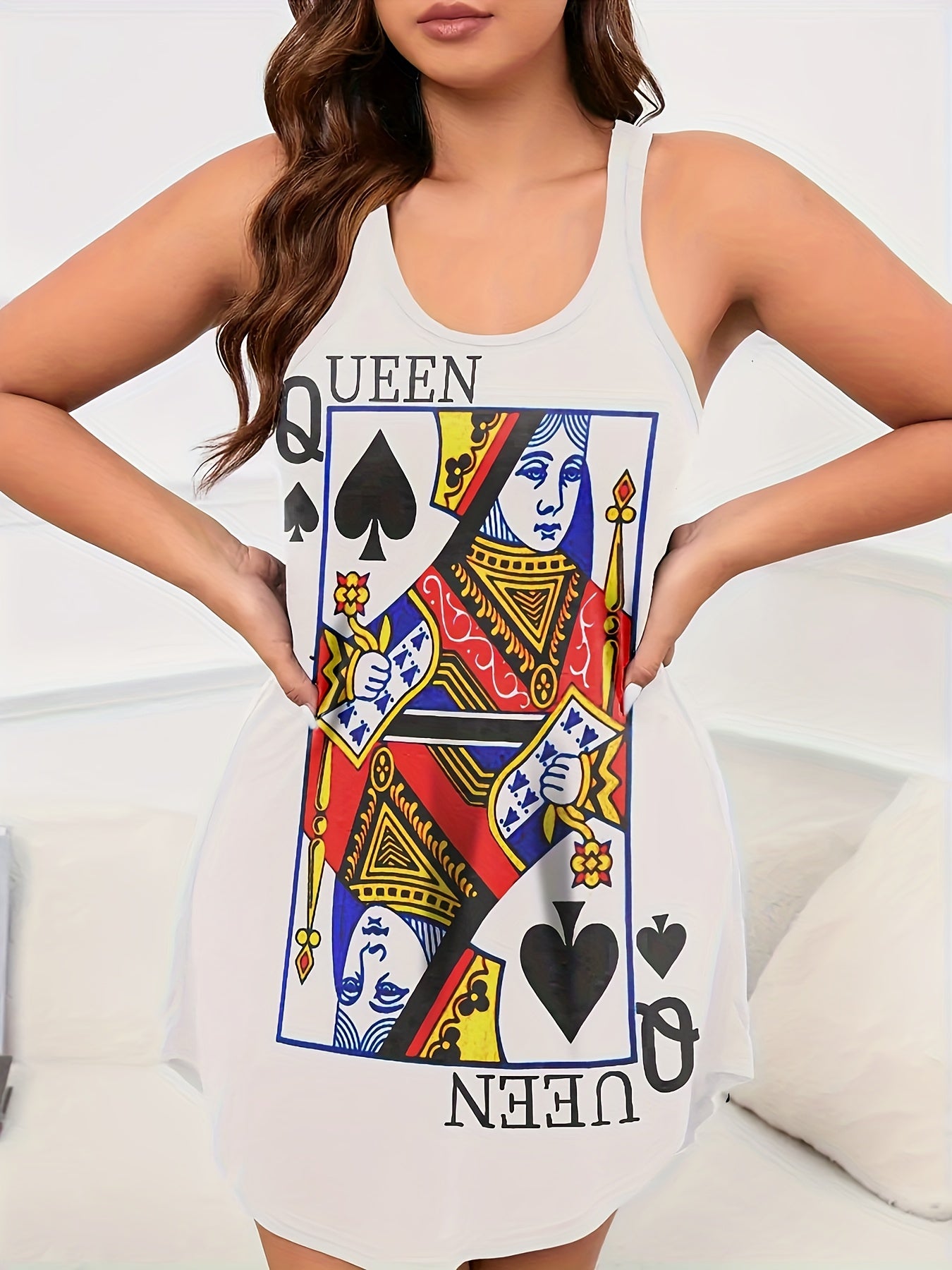 Women's Casual Poker Print Nightgown with Round Neck and Racer Back Tank Style