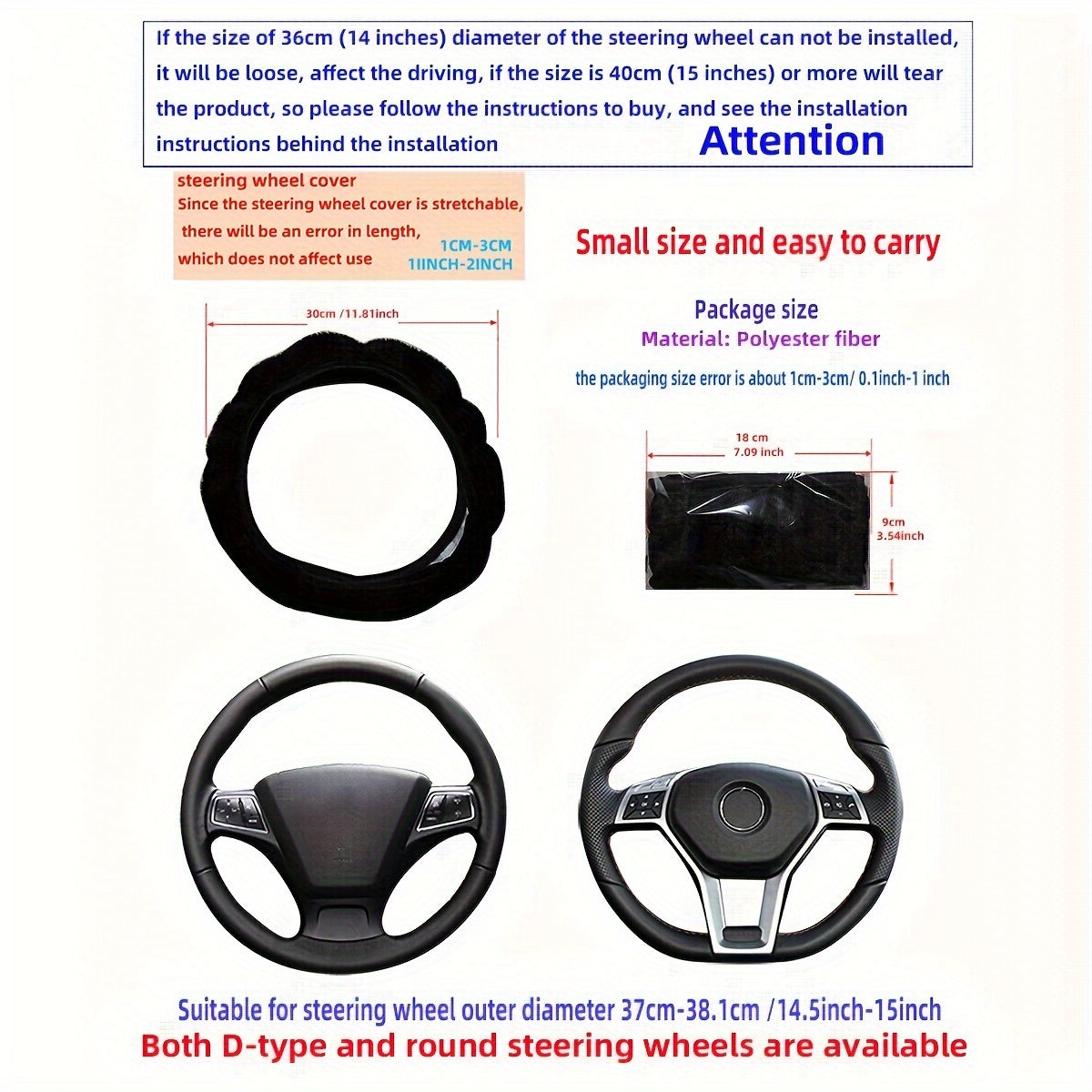 Universal qishki qisqa plush avtomobil boshqarish g'ildiragi qopqog'i 15 dyuym D-shaklida qora qizil to'q sariq kul rang bej va pushti