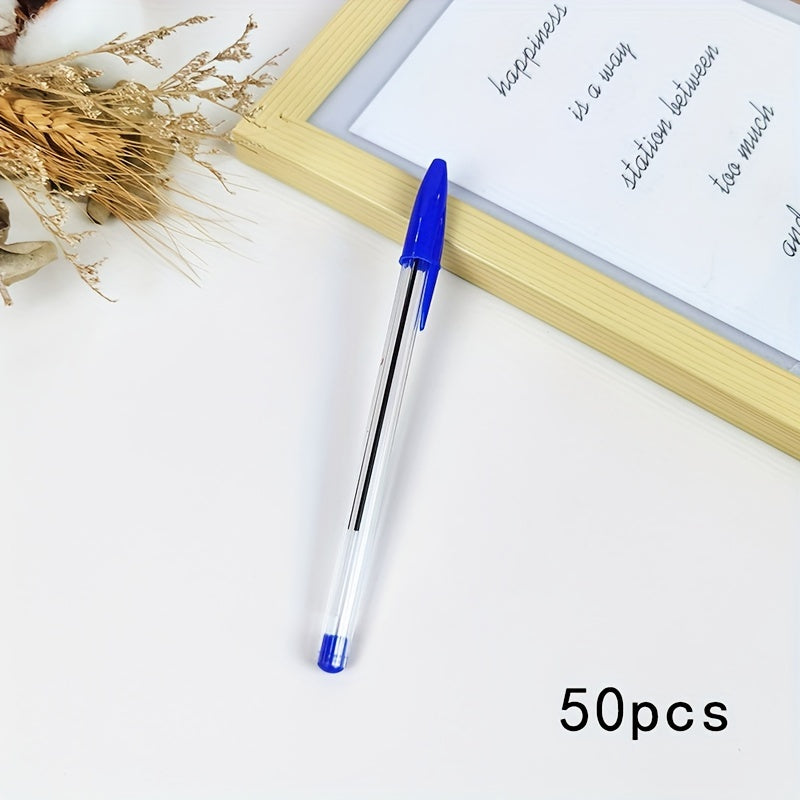 50 прозрачных круглых шариковых ручек с черной чернилами, быстро сохнущие, офисный школьный набор