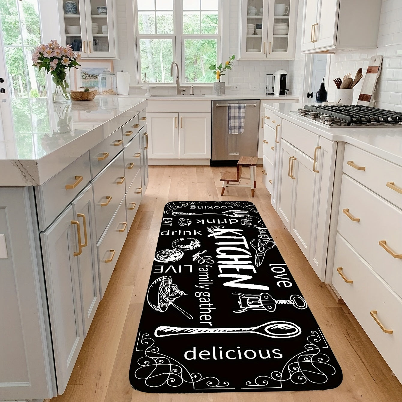 Qora oshxona mato, pichoq va qoshiq naqshli, sirpanishga qarshi, yuviladigan polyester gilam, pol uchun kirish