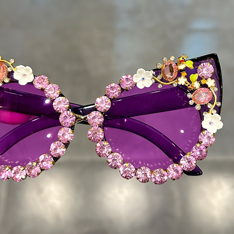Gafas de sol con cristales en forma de gato, con rhinestones y degradado floral para fiestas de disfraces y prom.