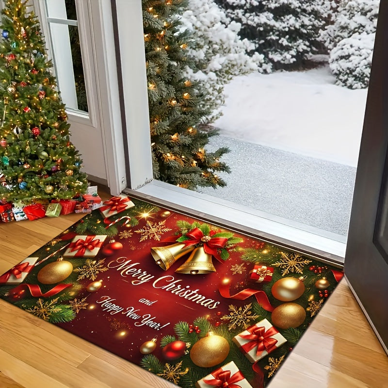 Christmas Doormat Non-Slip Plush Red Gold Bells Snowflakes 1.2cm Thick
