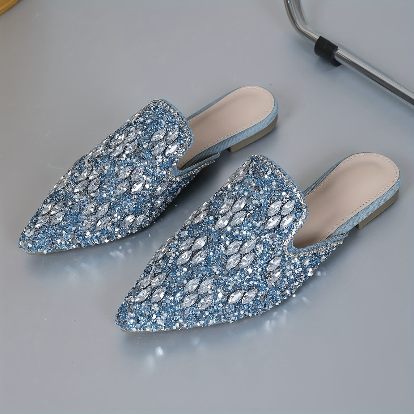 Women's Rhinestone Loafers with Fabric Upper Non-Slip Rubber Sole Flat Heel