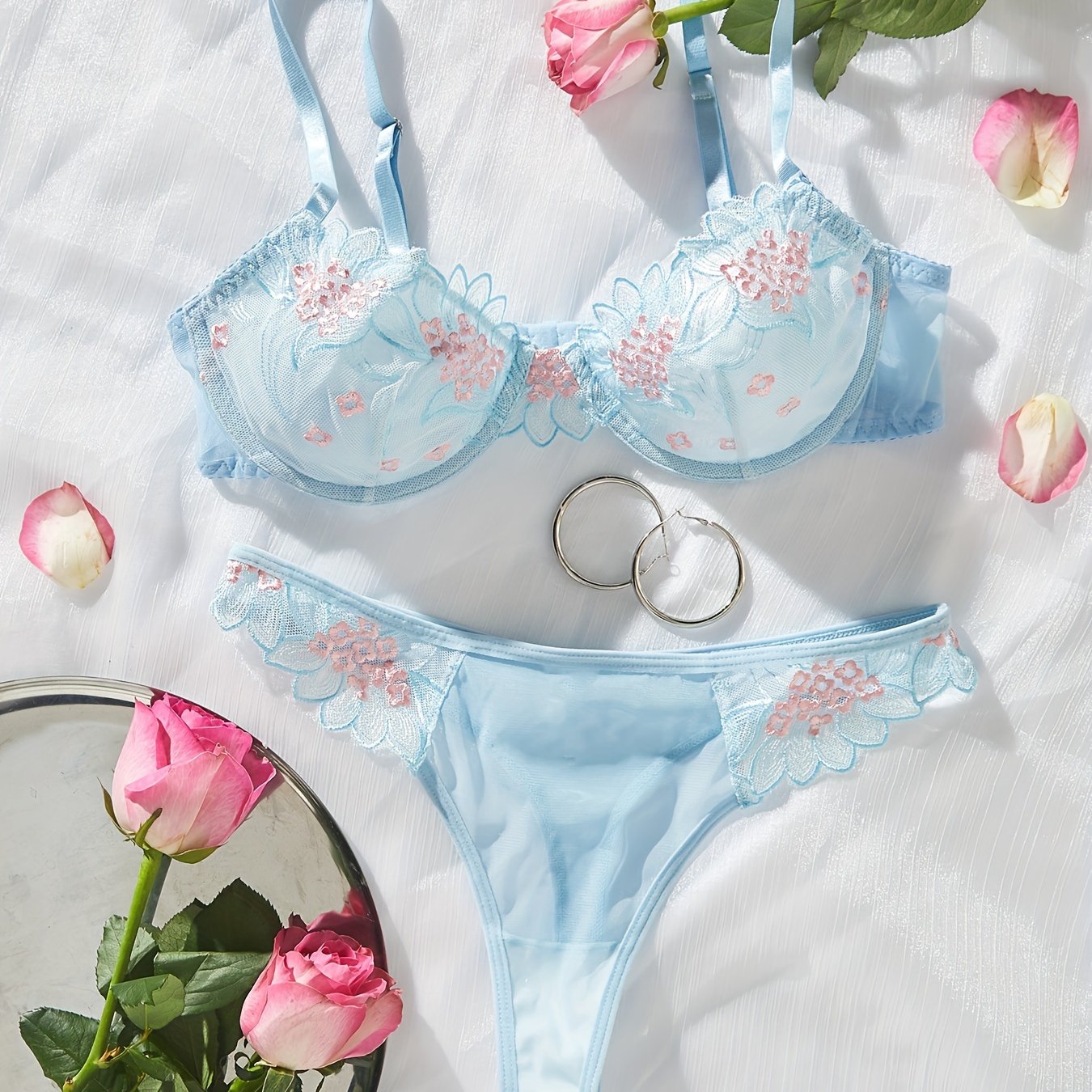 Women's Floral Embroidered Mesh Lingerie Set with Unlined Bra and Thong