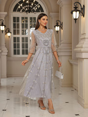 Women Sequin V-Neck Evening Gown Half Sleeve Formal Dress for Spring Summer Fall