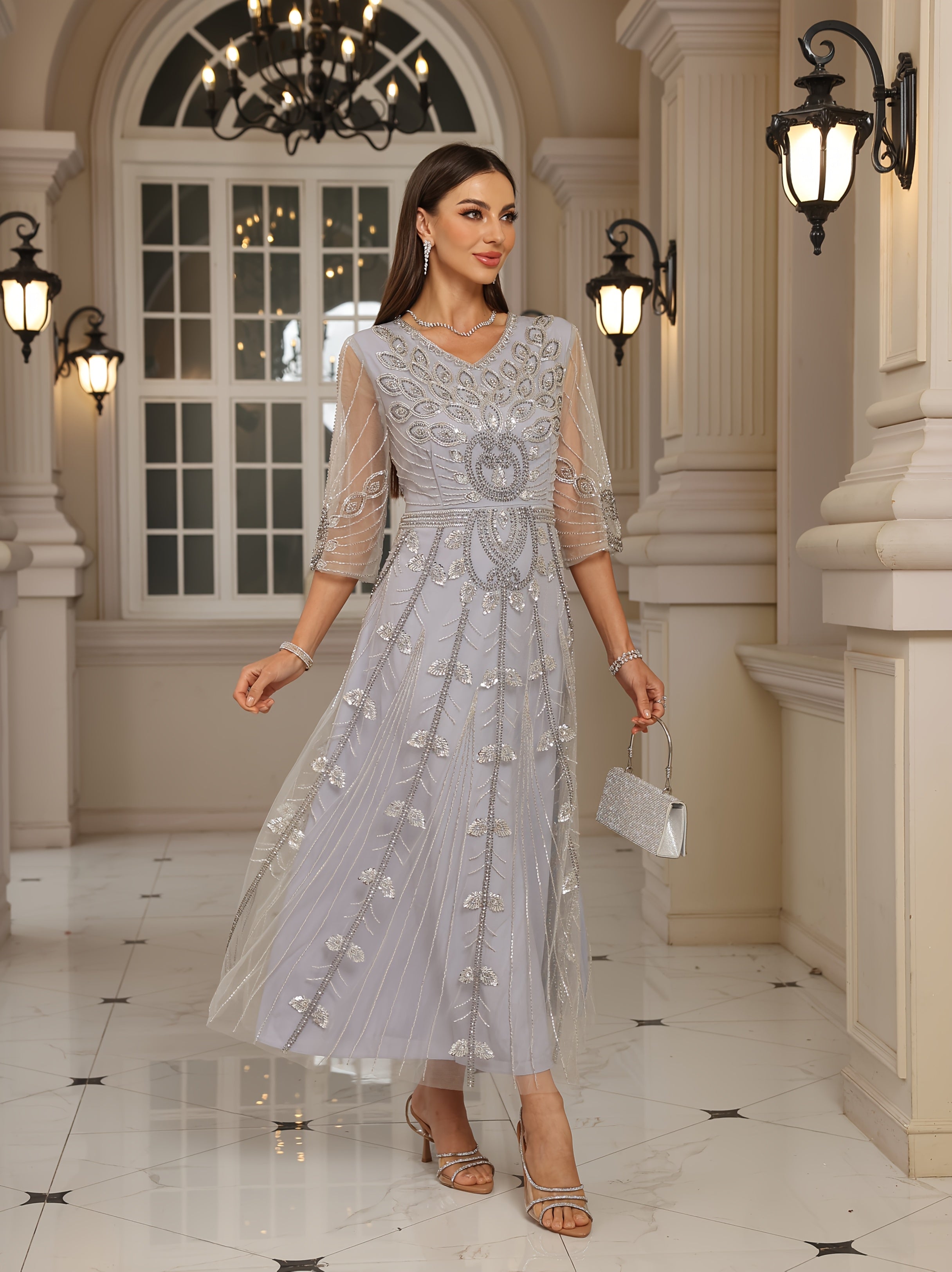 Women Sequin V-Neck Evening Gown Half Sleeve Formal Dress for Spring Summer Fall