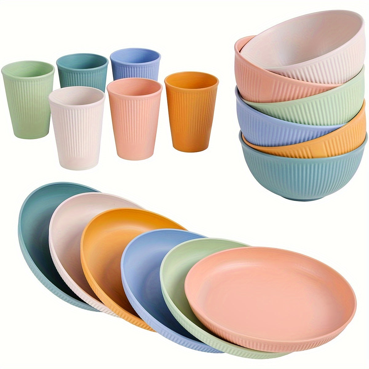 Juego de cubiertos de plástico irrompible de 18 piezas con platos, cuencos y tazas para acampar y en casa