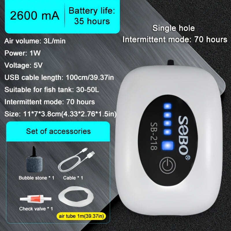Portable Aquarium Air Pump with Rechargeable 2600mAh Battery Silent Mode for Fish Tanks and Outdoor Aquariums