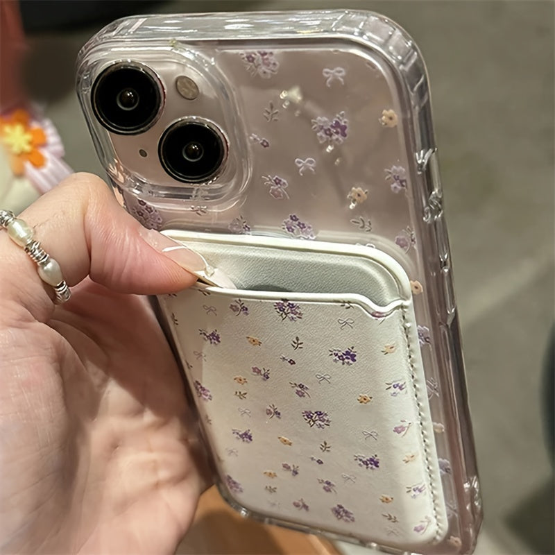 Purple Floral Pattern Magnetic Phone Case with Bow Design and Card Holder in TPU