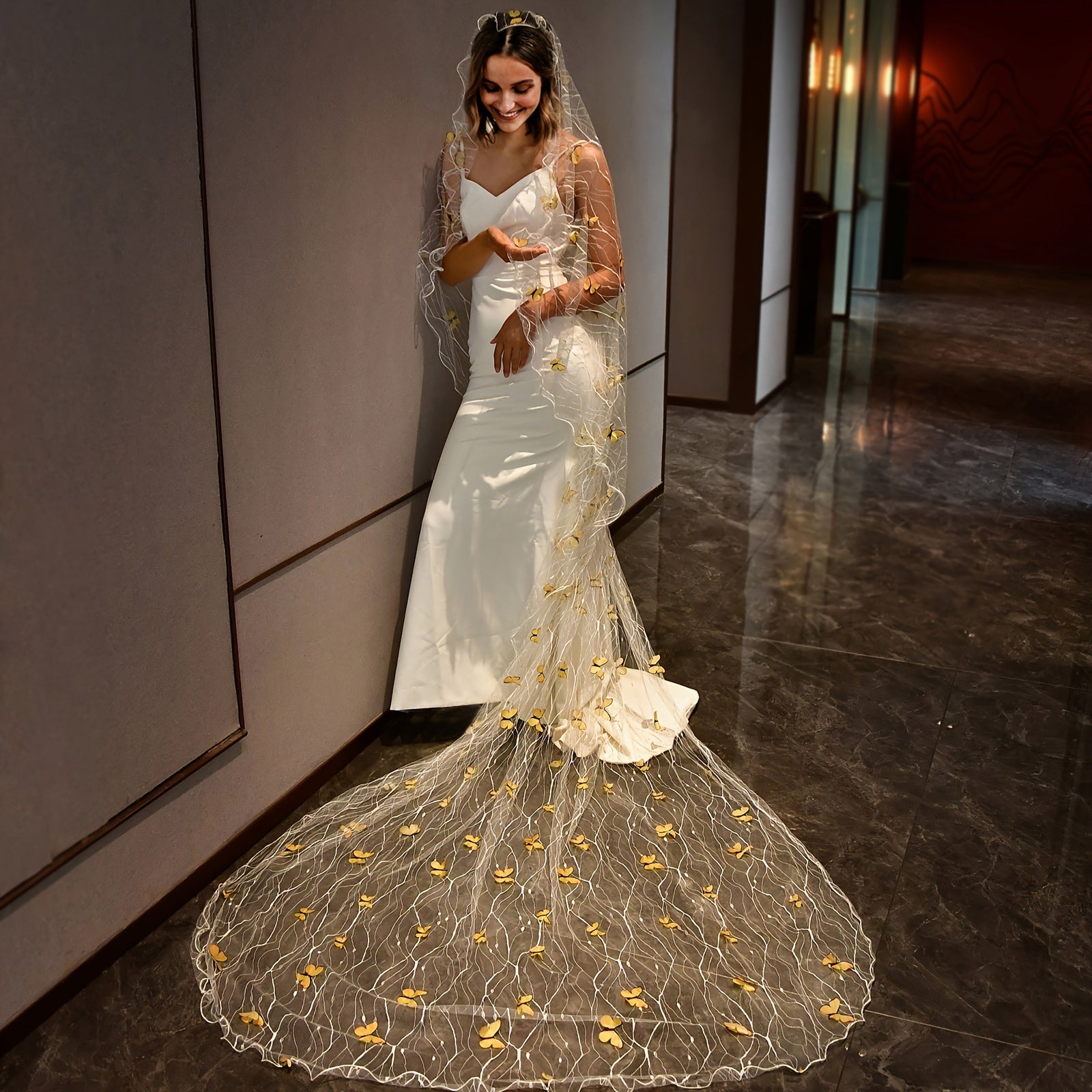 Wedding Veil with Butterfly Embroidery Cathedral Length Nylon Single Tier Bridal Accessory