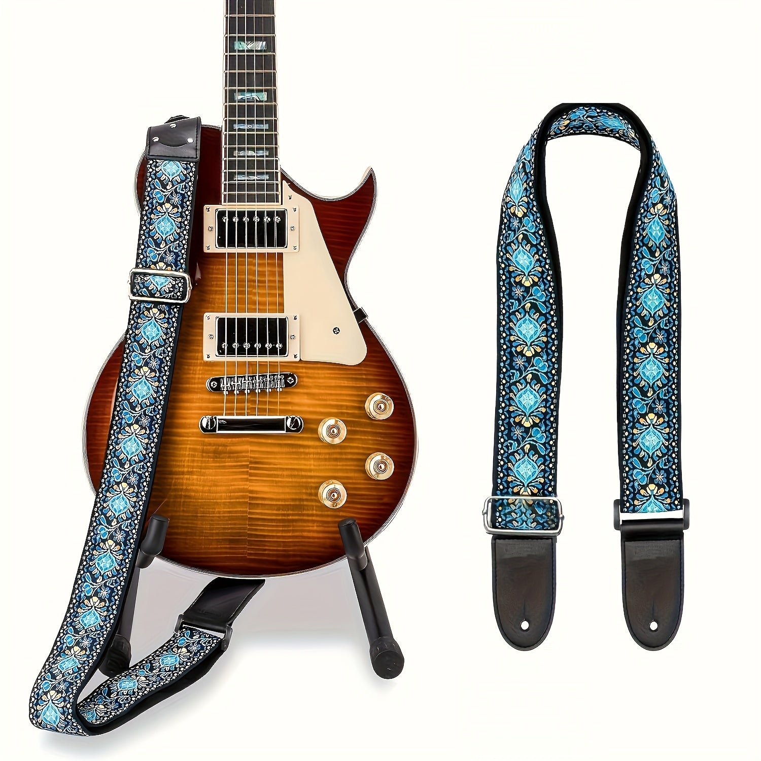 Vintage Blue Floral Embroidered Guitar Strap with Faux Leather Ends - Bass, Electric va Acoustic Gitarlari uchun mustahkam tasma