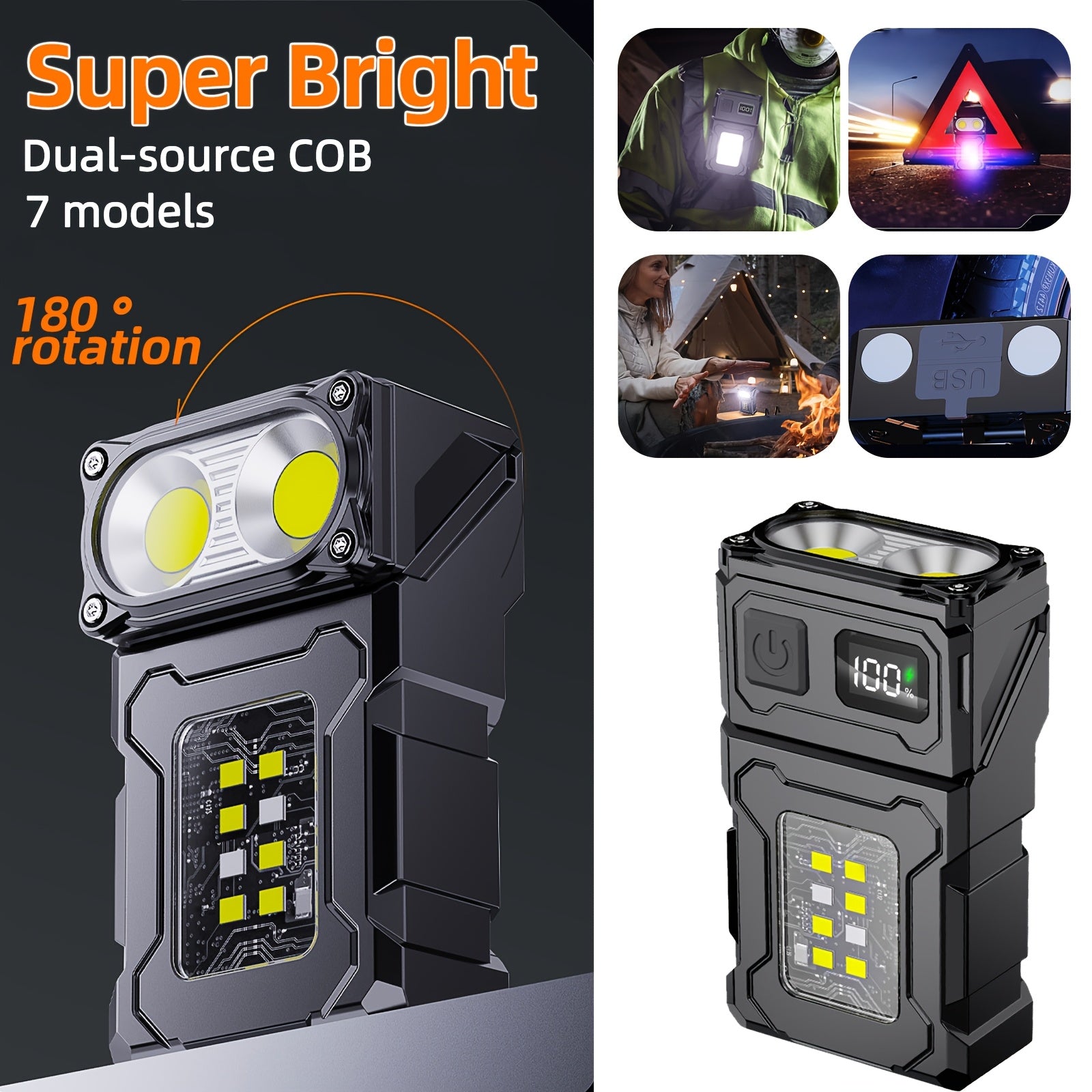 Mini LED Flashlight with Rotatable Head Magnet Clip 7 Modes Rechargeable Lithium Battery for Camping and Emergencies