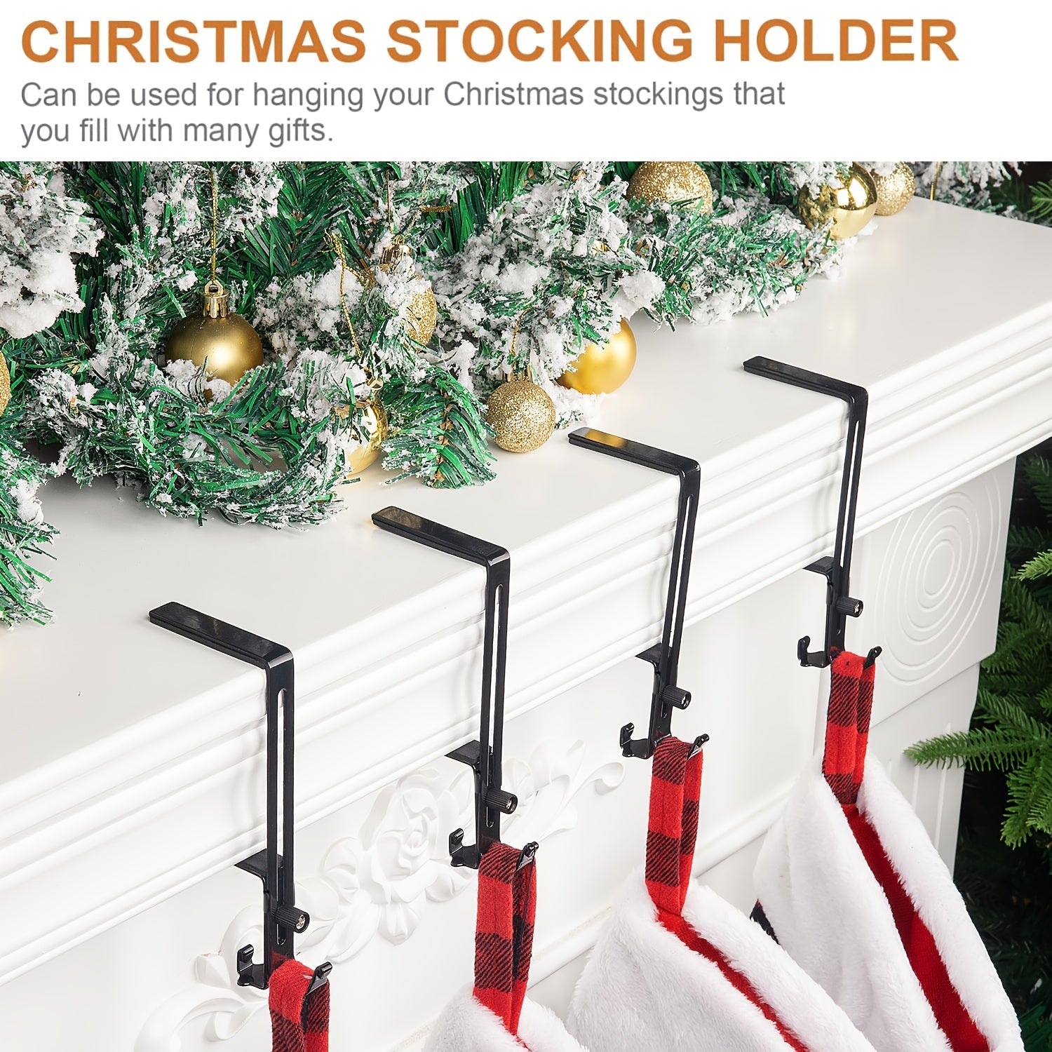 Set of Four Adjustable Metal Christmas Stocking Holders for Mantle Fireplace Decor