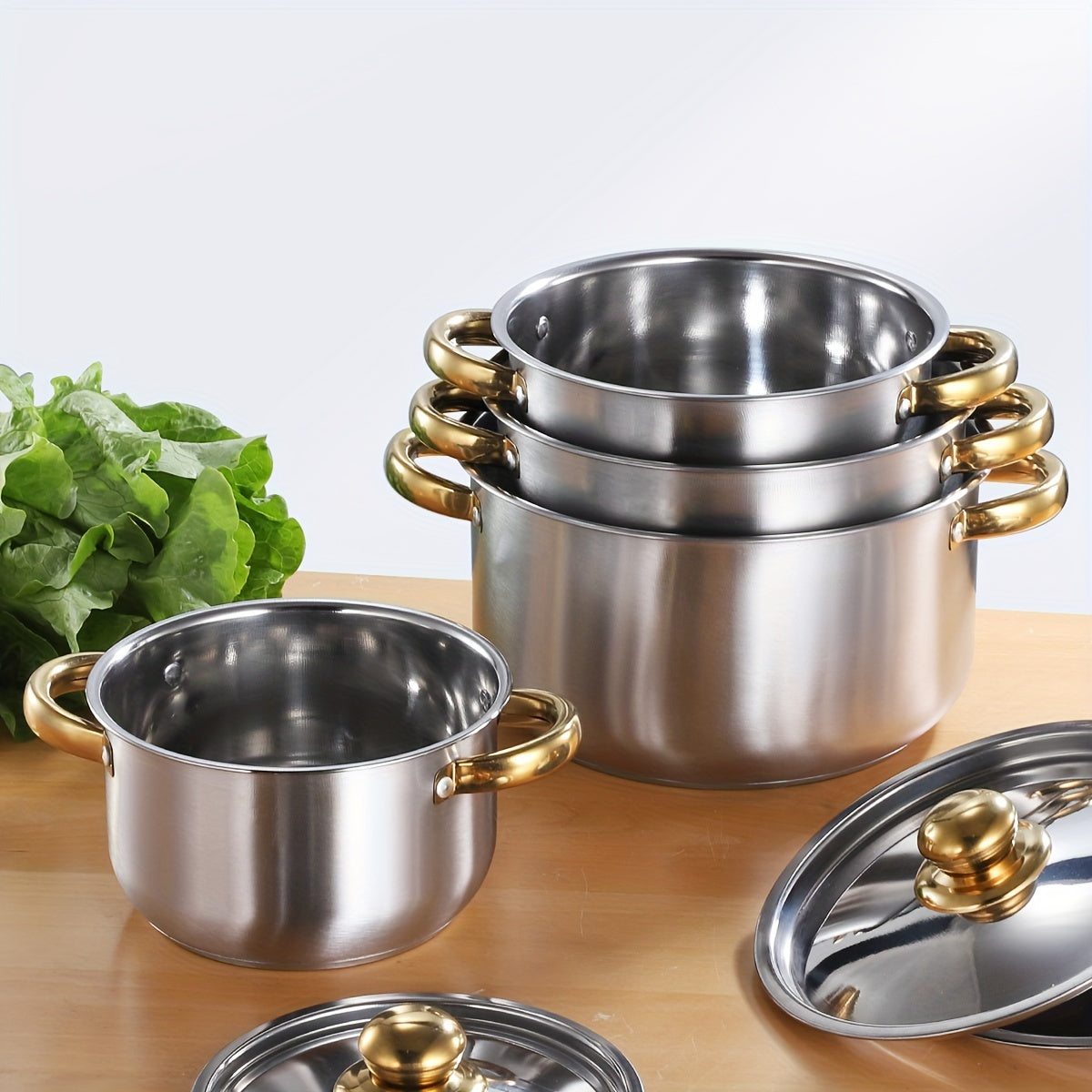 Set of 4 Stainless Steel Stockpots with Lids 18cm to 24cm Diameters