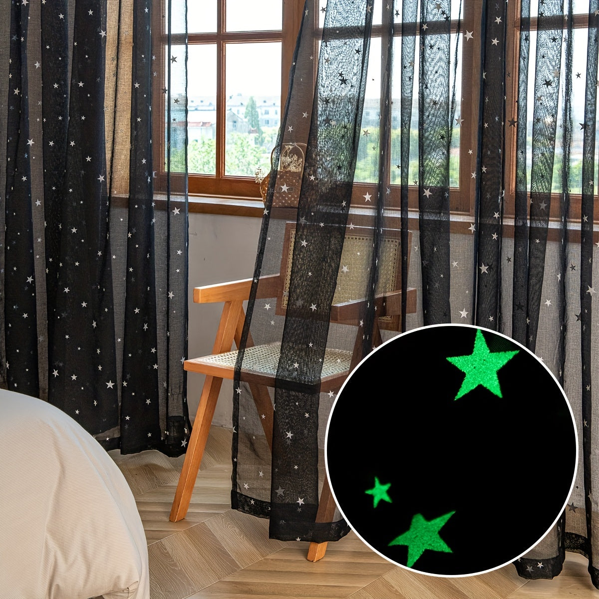 Pastoral Style Curtains with Luminous Star Pattern for Bedroom Living Room Office Kitchen