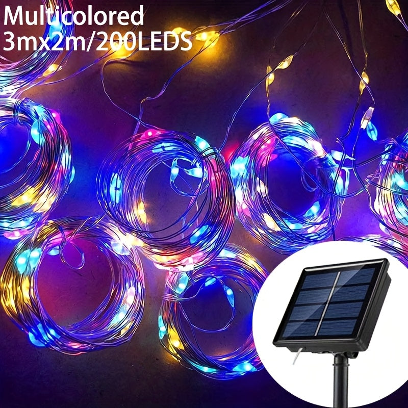 Solar-Powered LED Curtain String Lights with 8 Modes for Weddings Gardens and Celebrations