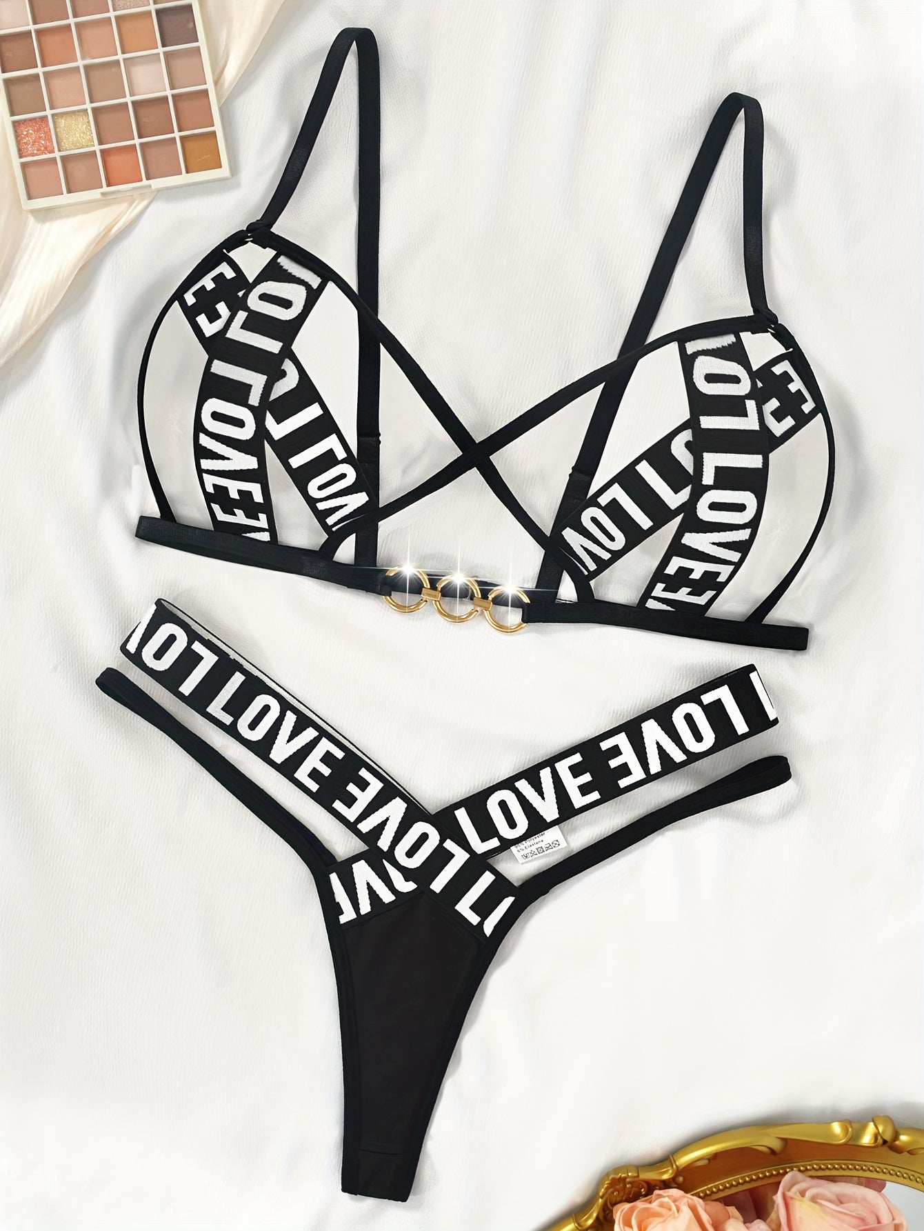 Sexy Lingerie Set with Cross Band Ring Decoration Bra and Low Waist Thong for Mature Women