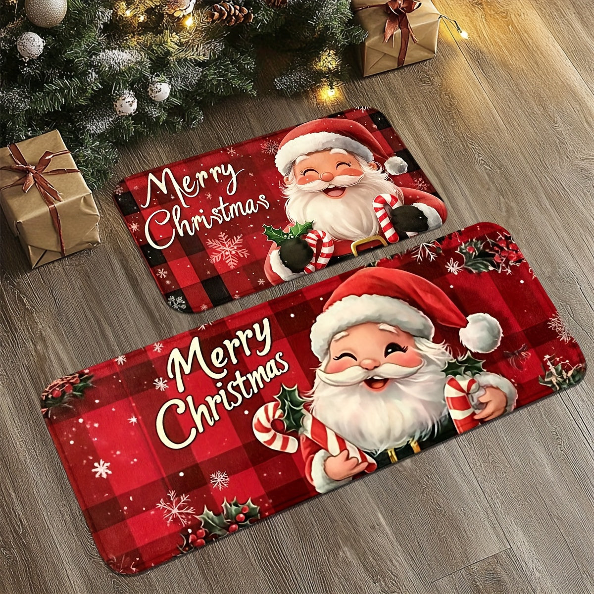 Felpudo de Santa Claus rojo antideslizante lavable a máquina decoración navideña para sala de estar cocina