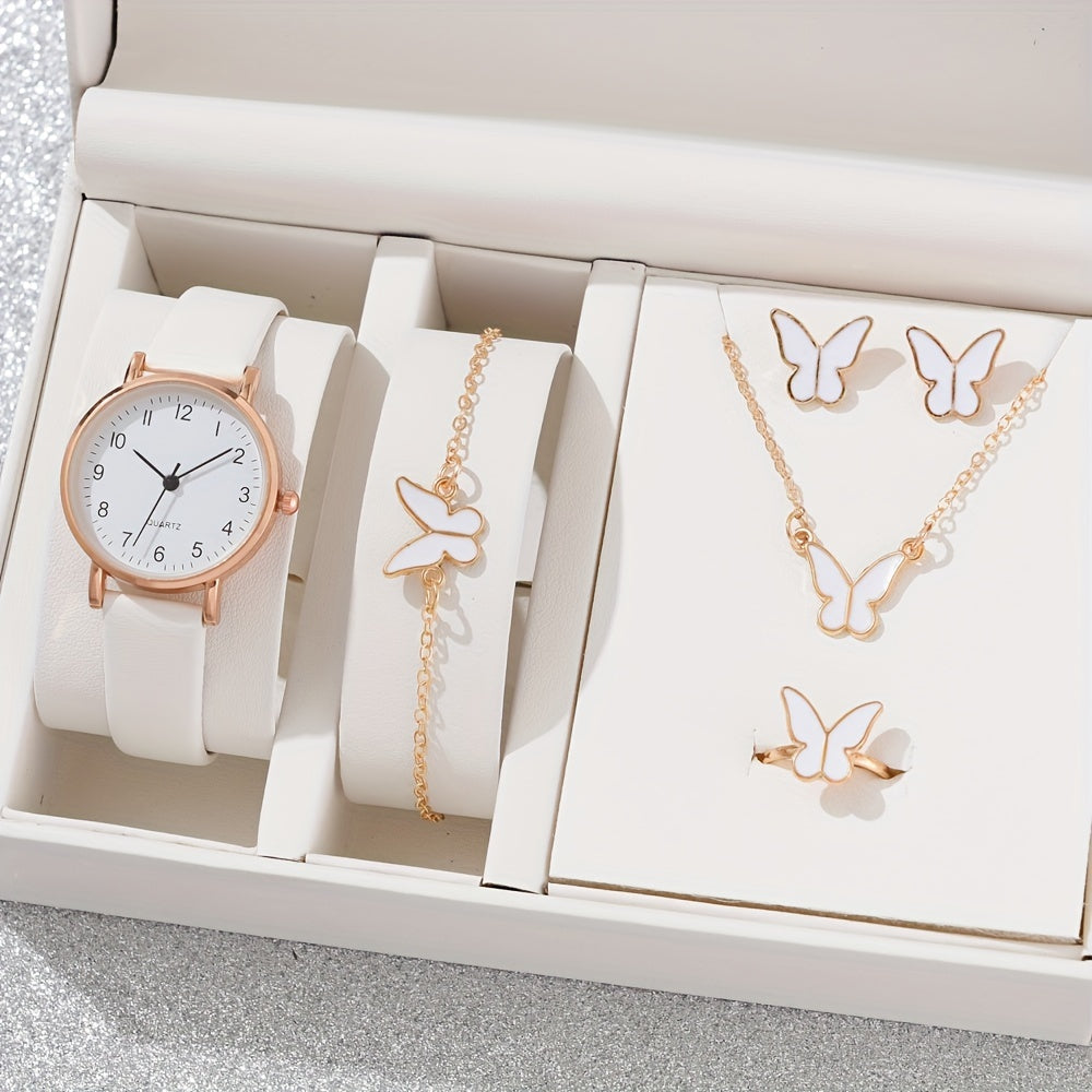 6 ta ayollar uchun kundalik quarts soatlari to'plami, charm taqinchalar va kapalakli zargarlik buyumlari bilan