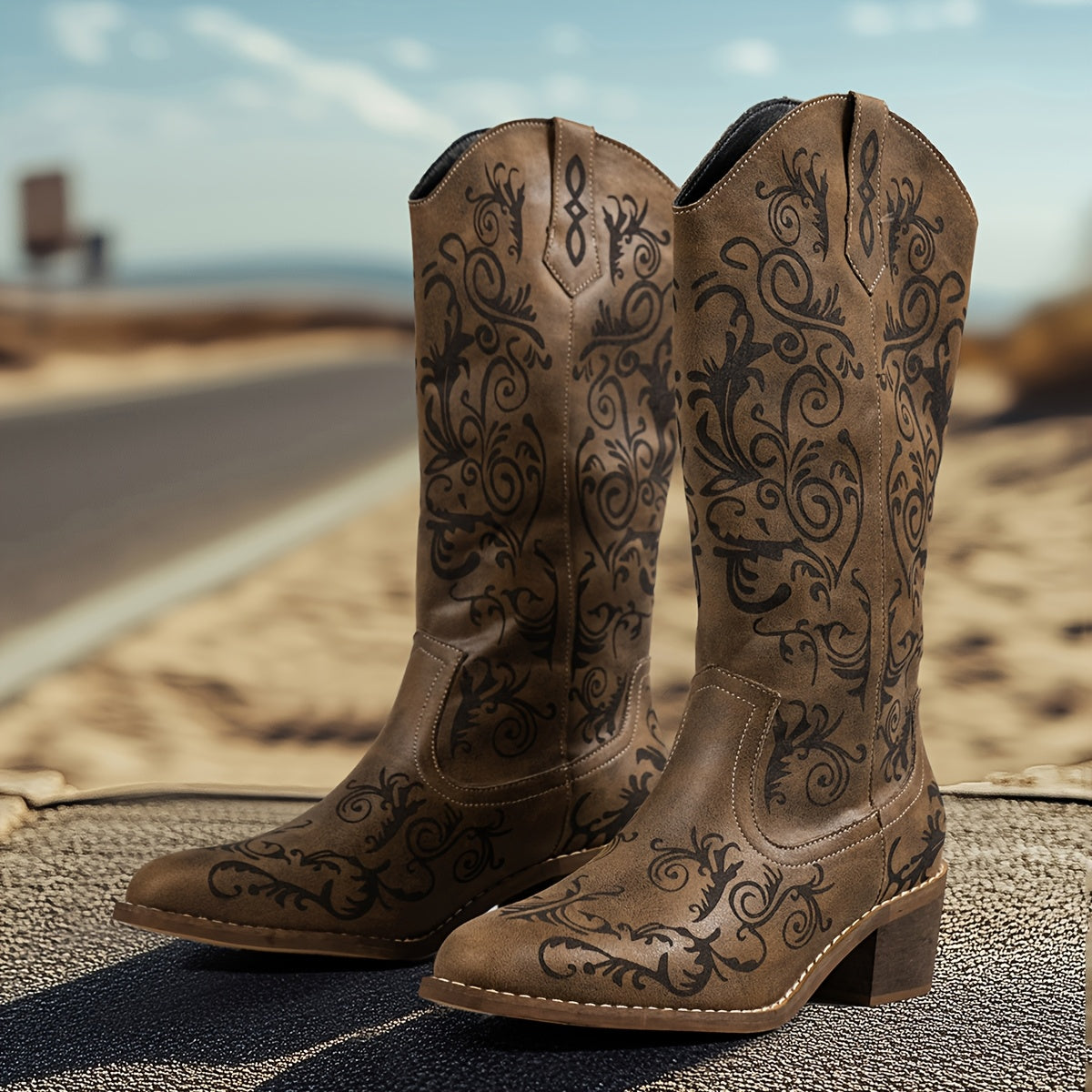 Women's Brown Laser-Cut Floral Mid-Calf Boots with Wooden Heel