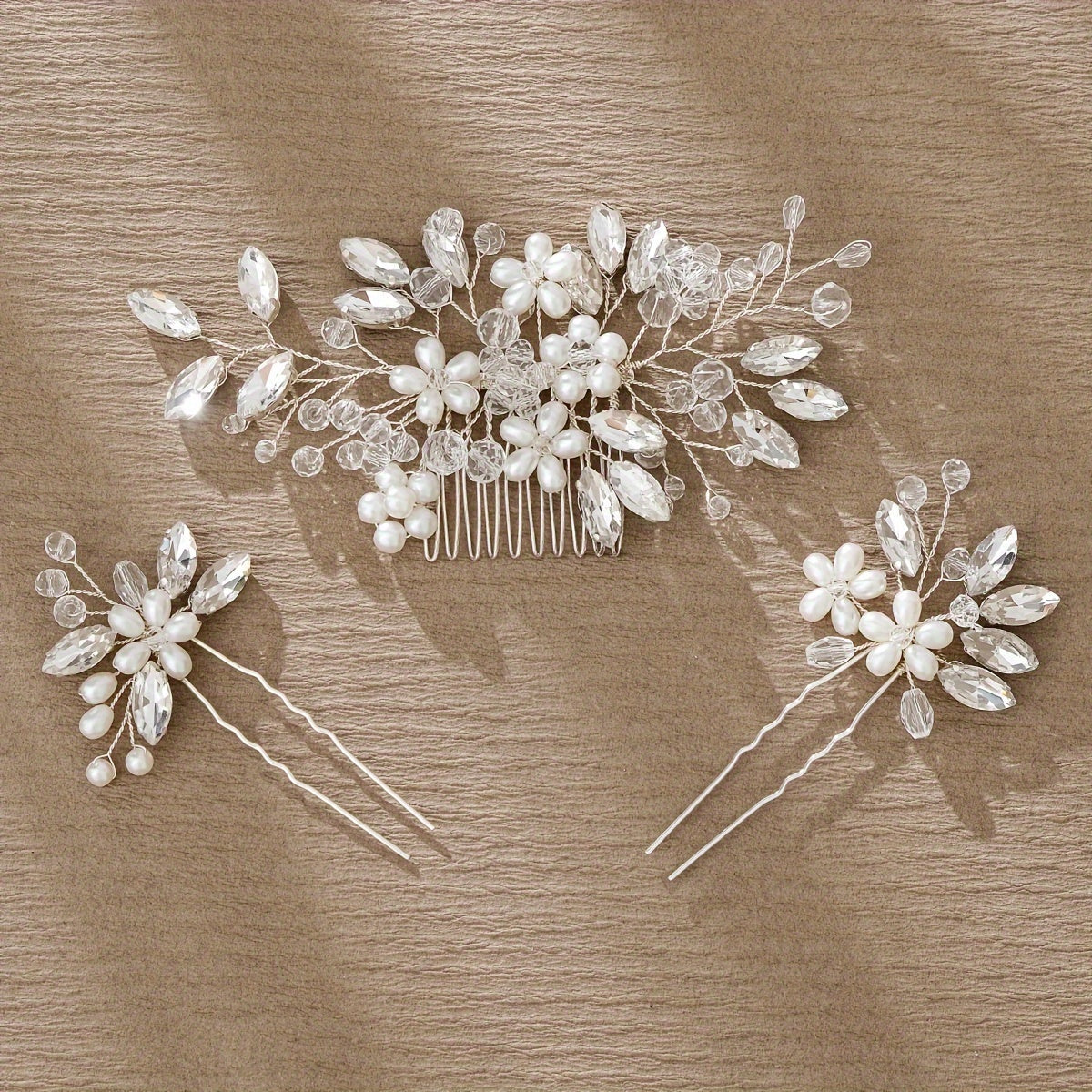 Pack of 3 Bridal Hair Accessories Faux Pearl Floral Hair Comb and Crystal Hair Pins