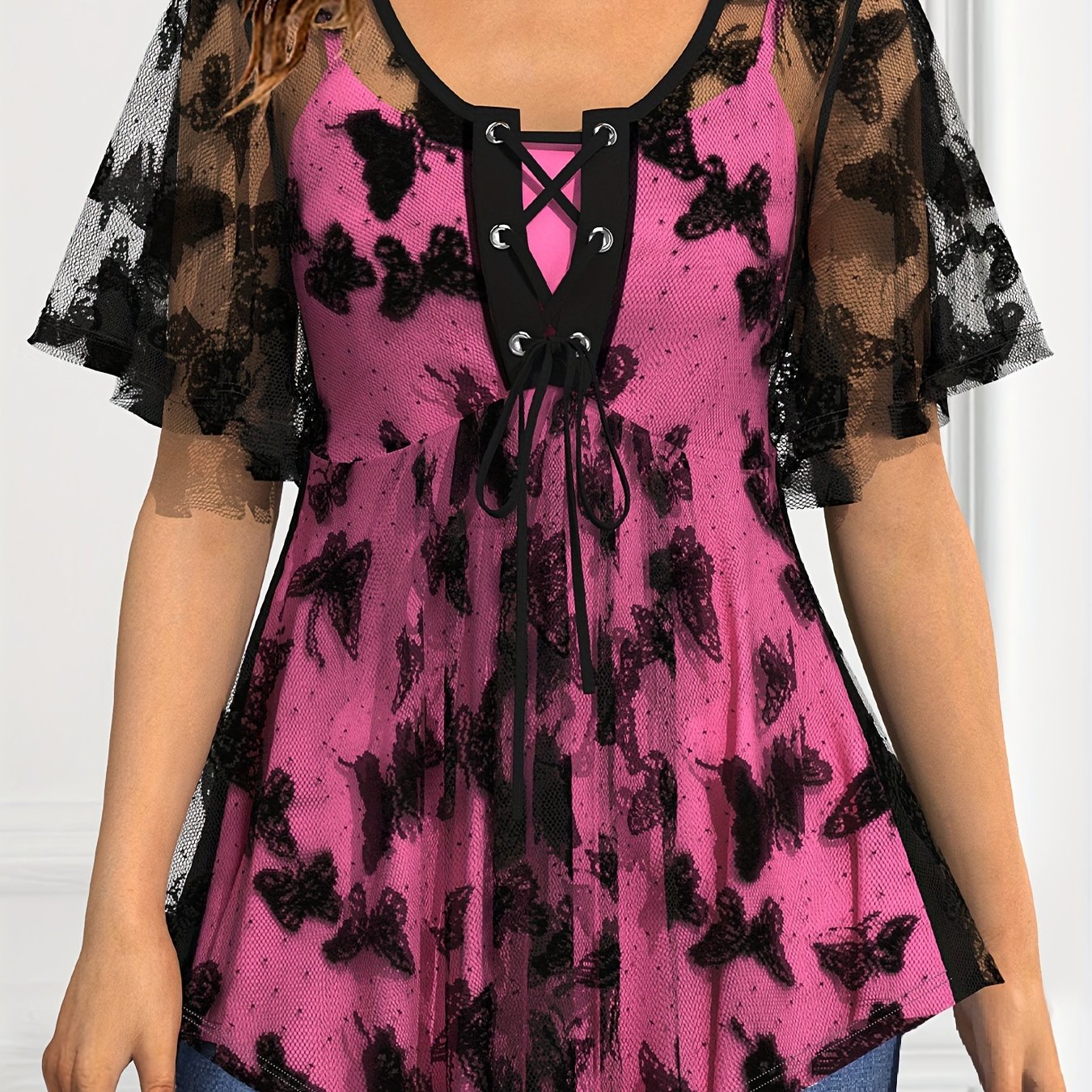 Women's Plus Size Butterfly Pattern Short Sleeve Top Lace Up Lace Top