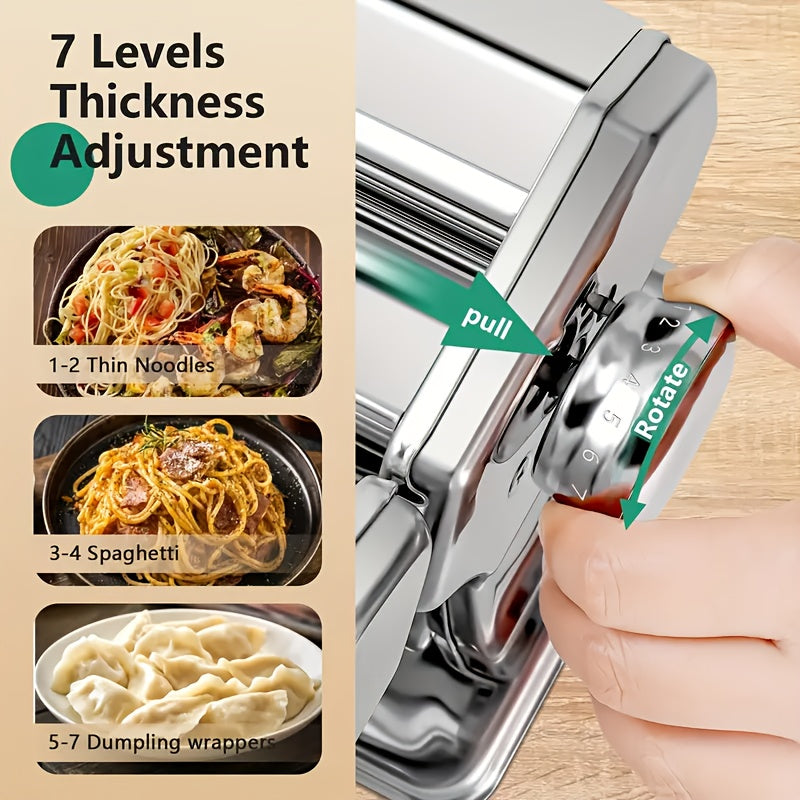 Stainless Steel Manual Noodle Maker with Dual Cutter and Adjustable Thickness