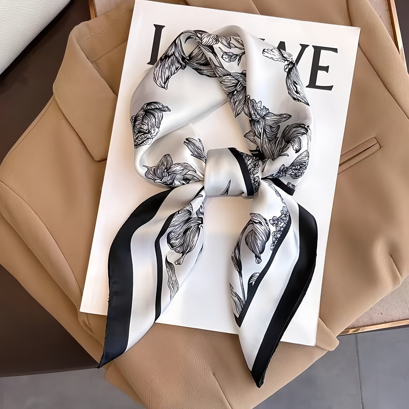 Square Satin Silk Scarf 70cm Monochrome Landscape Print Hair Bandana Neck Wrap