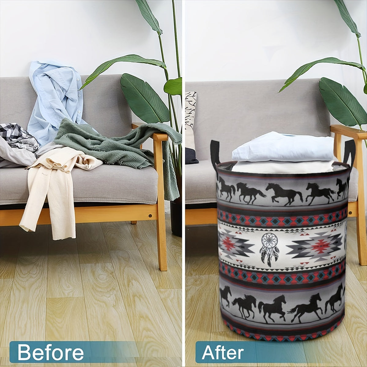 Большая складная корзина для белья с ручками, украшенная узором с галопирующей лошадью. Прочная и стильная круглая корзина из полиэстера для хранения игрушек в прачечной, размером 41,91 x 35,05 см.