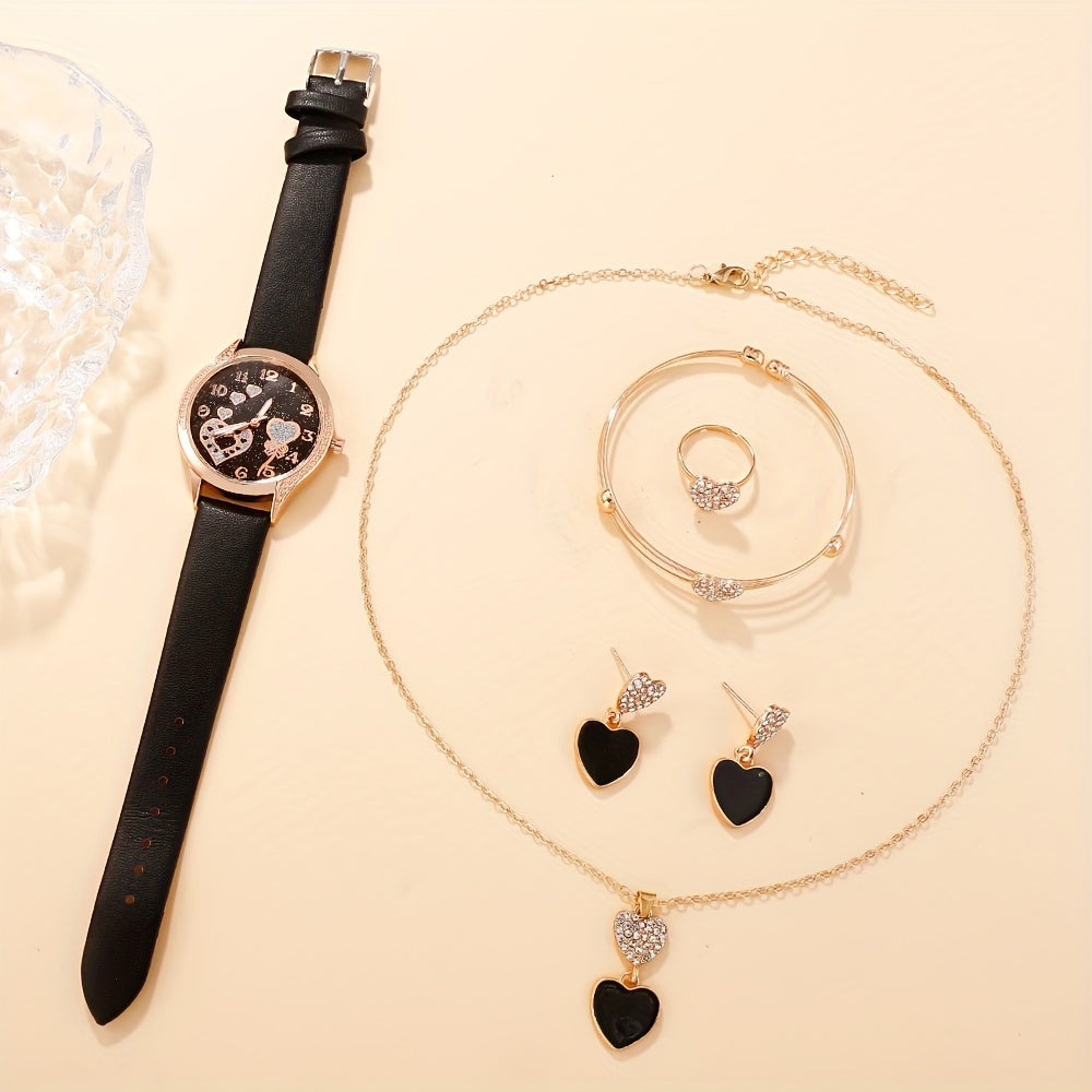 6 ta ayollar uchun qora PU charm, rhinestone zargarlik va opp sumkali moda kvarts soat to'plami