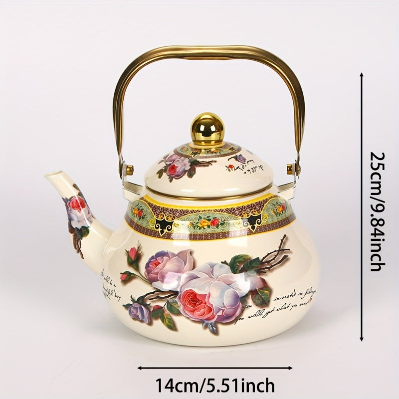 Vintage Enamel Tea Kettle with Gold-Plated Steel Handle 1100W Non-Electric Water Boiler