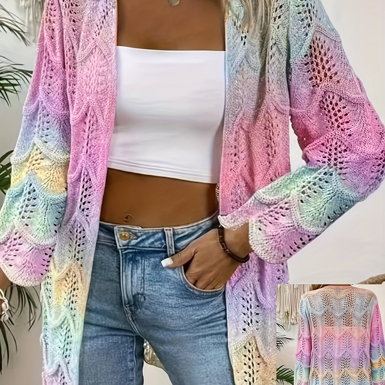 Ayollar uchun kengaytirilgan o'lchamdagi ochiq old qismli uzun qo'lqopli kardigan, yengil, rang-barang blokli, laced